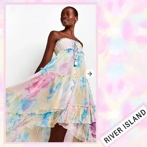 River Island | Dresses | River Island Smocked Strapless Tie Dye High Low  Dress In Pink Turquoise Yellow